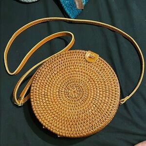 Round Woven Crossbody Bag - Brown